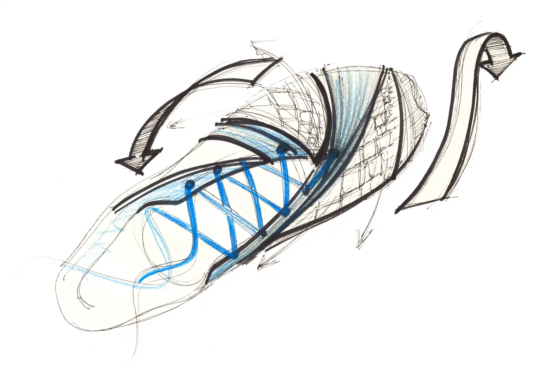 ASICS footwear design sketch showing blue lacing and layered materials