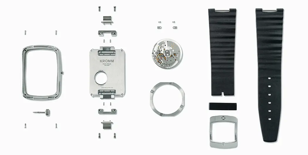 Exploded view of Kromm Watches mass-customized mechanical watch components
