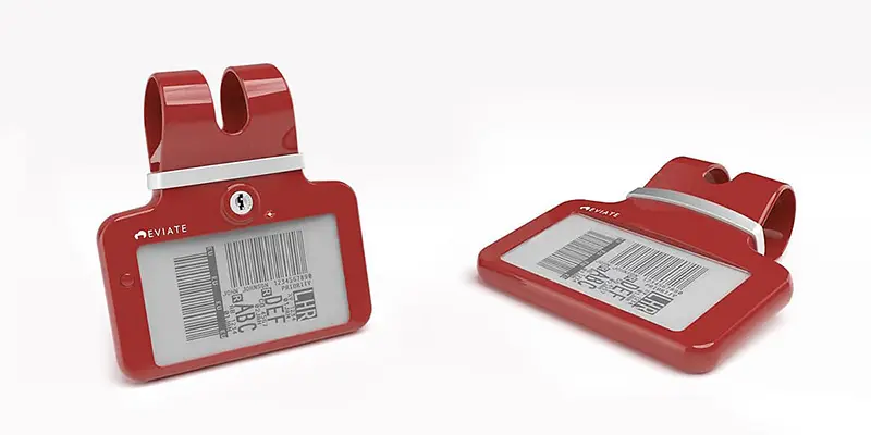 Electronic luggage tag and tracker for Eviate with red recognizable product design