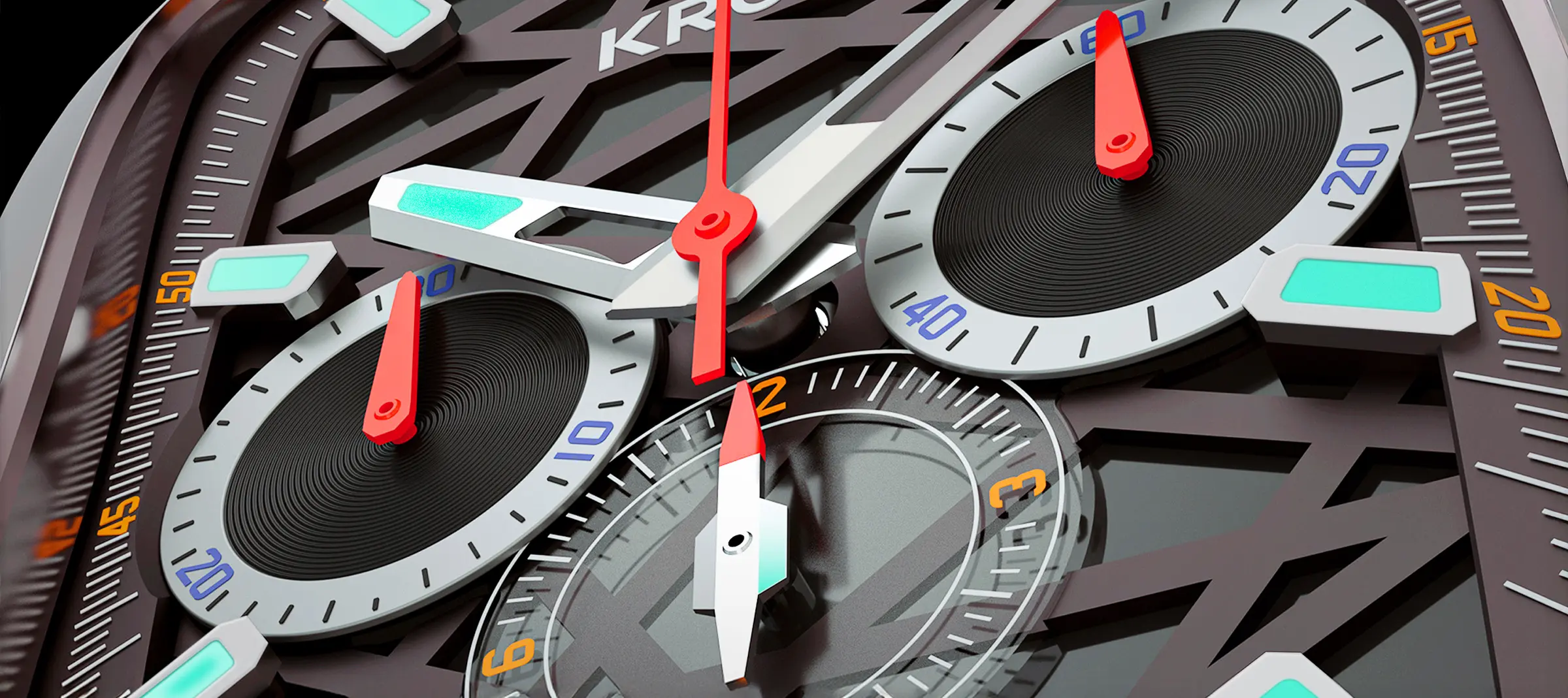 Chronograph concept detail showing Kromm luxury watch dial and crystal design