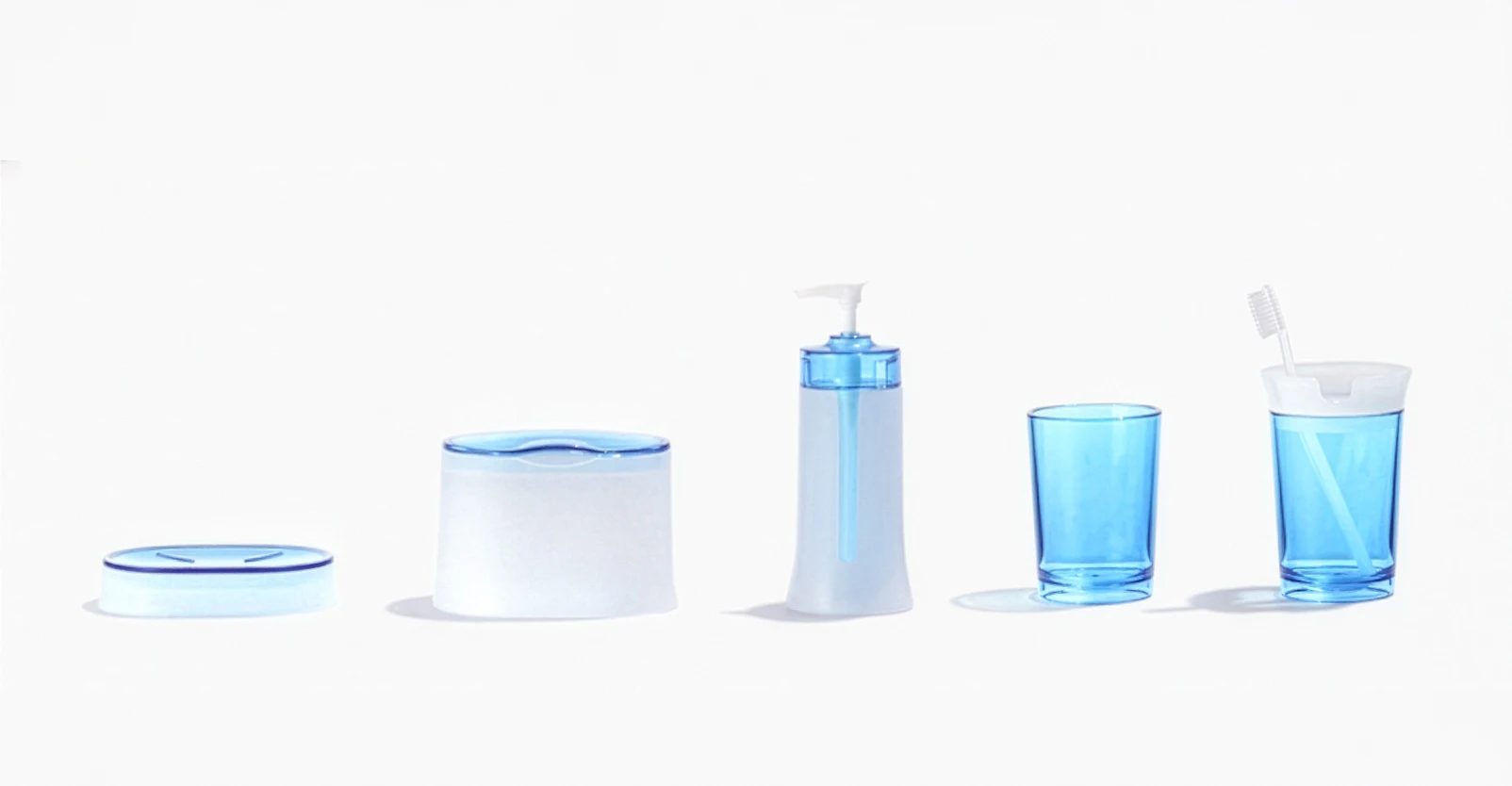 Complete HEMA bathroom accessories collection with soap dish, storage containers, dispenser and toothbrush cups