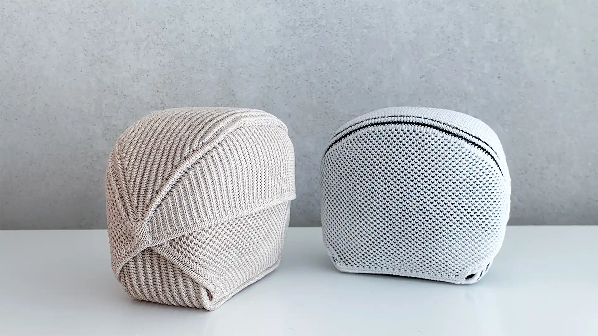 Knitted watch pouch prototypes showing texture, construction and material refinement