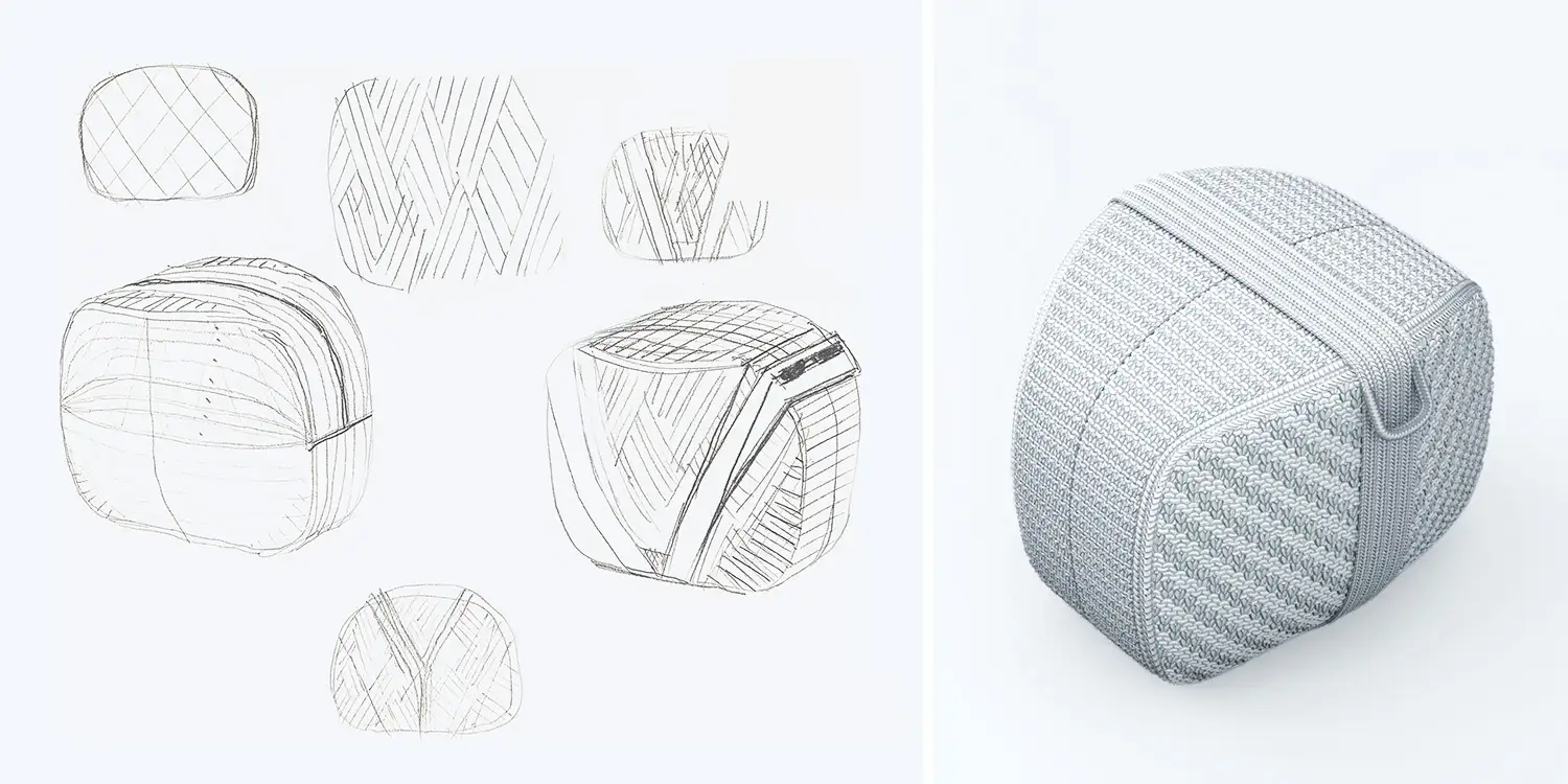 Concept sketches and render for a 3D knitted watch pouch design