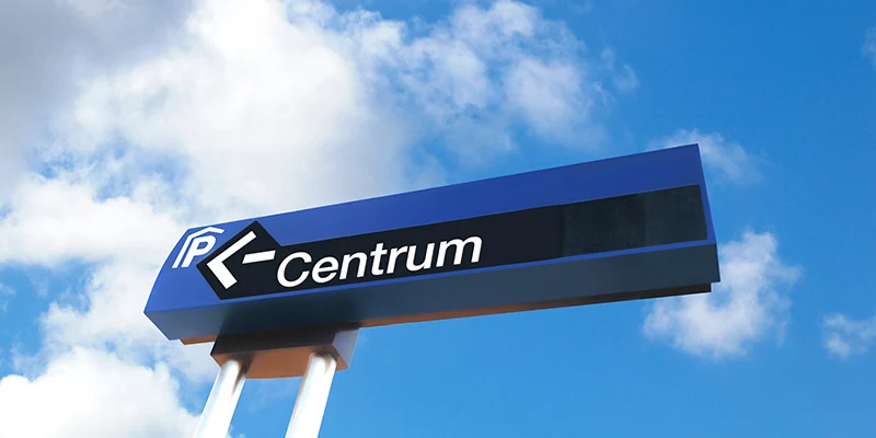 Roadsign system for the City of Utrecht with clear blue parking centrum sign